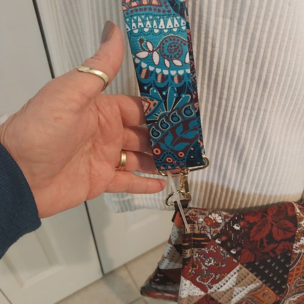 3182 Handmade Quilted Crossbody Bag with Guitar Strap. In Brown, Orange, Teal. - Picture 2 of 5